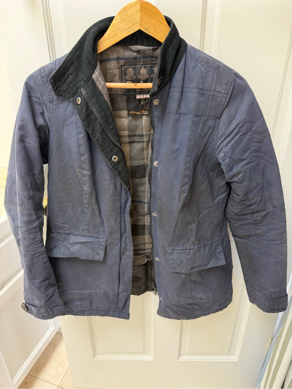 Barbour Blue Waxed Cotton Utility Jacket with Black Cord Collar